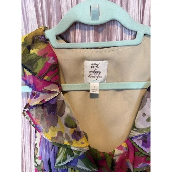 Suzi Chin Maggy Boutique Floral Ruffle Dress Size 4 Belted Spring & Summer - Picture 3 of 7